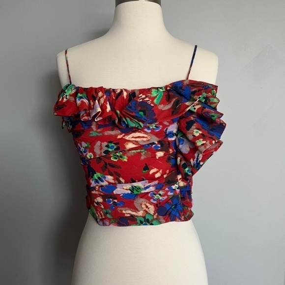 Zara Ruffle Crop Top Draped Red Floral‎ Large Shirt - Picture 5 of 13
